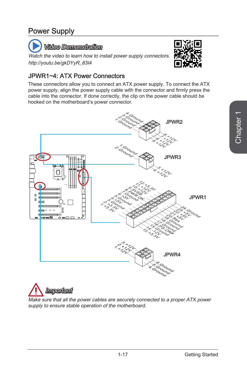 Power supply -17, Jpwr1~4: atx power connectors -17, Jpwr1~4 | Atx power connectors, Chapter 1, Power supply, Video demonstration, Jpwr1~4: atx power connectors, Important | MSI Z97 XPOWER AC User Manual | Page 31 / 118