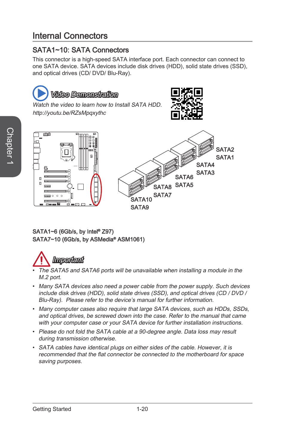 Internal connectors -20, Sata1~10: sata connectors -20, Sata1~10 | Sata connectors, Chapter 1, Internal connectors, Sata1~10: sata connectors, Video demonstration, Important | MSI Z97 XPOWER AC User Manual | Page 34 / 118