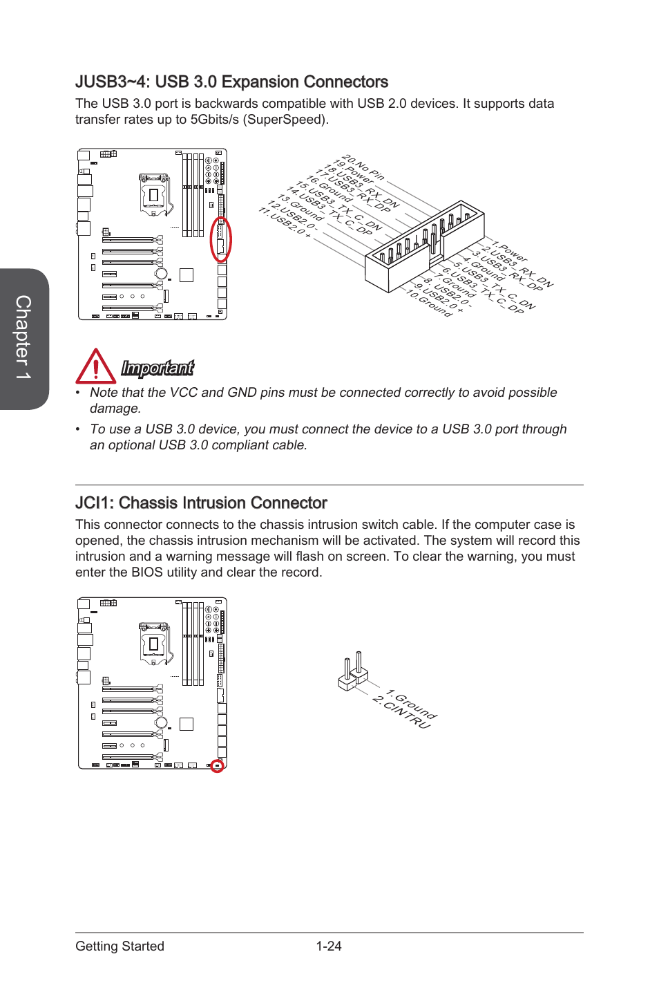 Jci1, Chassis intrusion connector, Jusb3~4 | Usb 3.0 expansion connectors, Chapter 1, Jusb3~4: usb 3.0 expansion connectors, Important, Jci1: chassis intrusion connector, 24 getting started | MSI Z97 XPOWER AC User Manual | Page 38 / 118