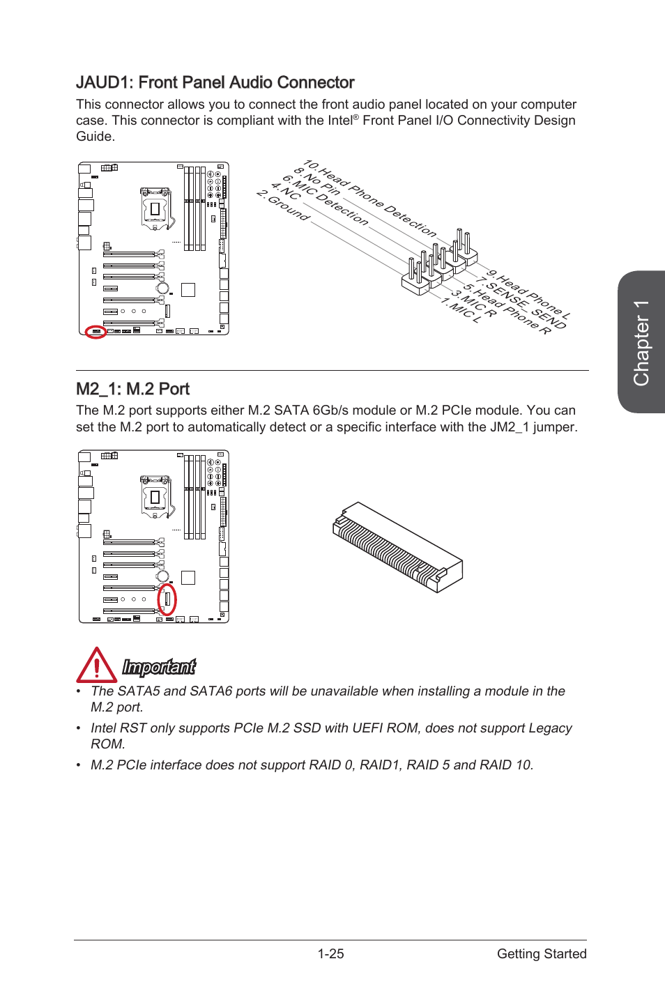 Jaud1, Front panel audio connector, M2_1 | M.2 port, Chapter 1, Jaud1: front panel audio connector, M2_1: m.2 port, Important | MSI Z97 XPOWER AC User Manual | Page 39 / 118