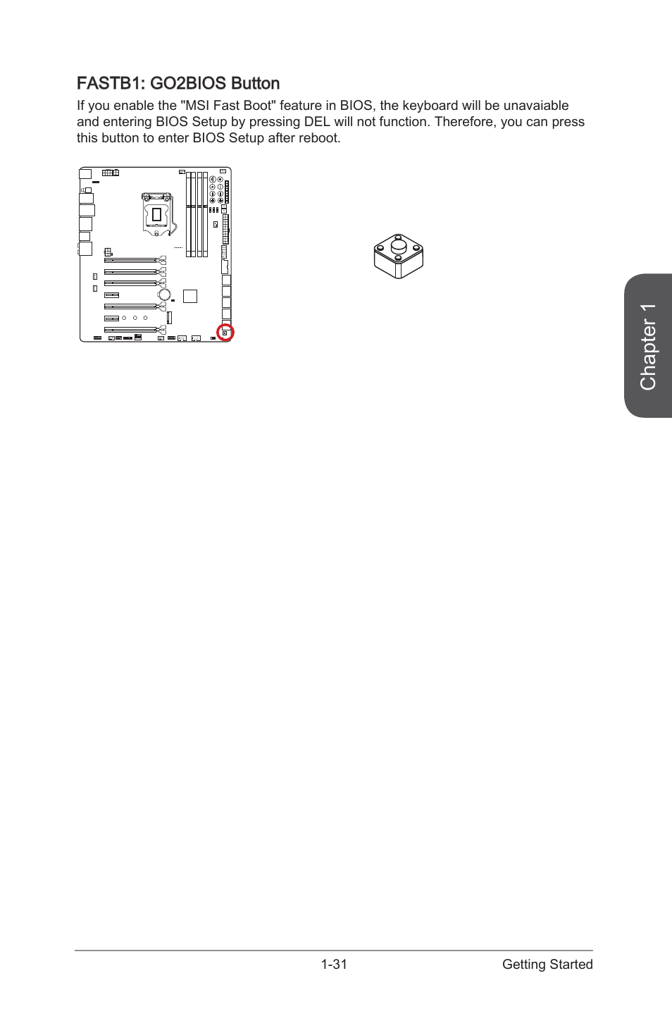 Fastb1: go2bios button -31, Fastb1, Go2bios button | Chapter 1, Fastb1: go2bios button | MSI Z97 XPOWER AC User Manual | Page 45 / 118