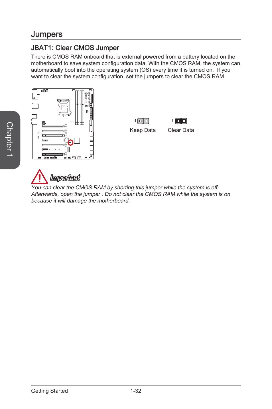 Jumpers -32, Jbat1: clear cmos jumper -32, Jbat1 | Clear cmos jumper, Chapter 1, Jumpers, Jbat1: clear cmos jumper, Important | MSI Z97 XPOWER AC User Manual | Page 46 / 118