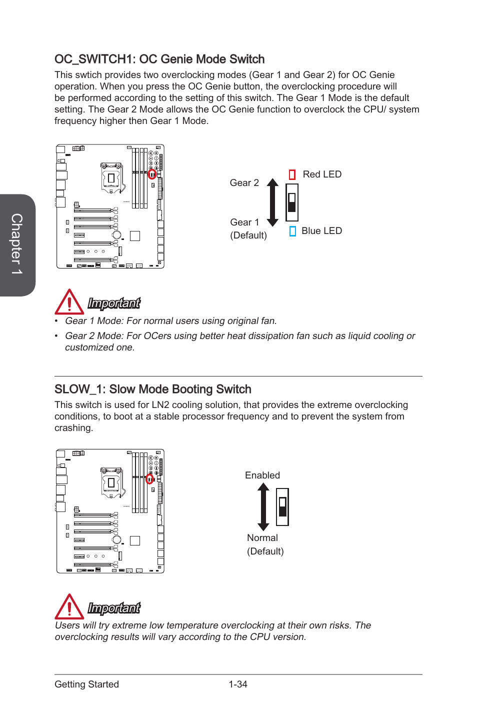 Oc_switch1, Oc genie mode switch, Slow_1 | Slow mode booting switch, Chapter 1, Oc_switch1: oc genie mode switch, Important, Slow_1: slow mode booting switch | MSI Z97 XPOWER AC User Manual | Page 48 / 118