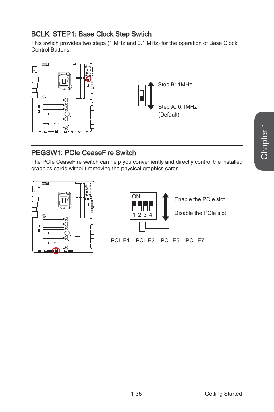 Pegsw1, Pcie ceasefire switch, Chapter 1 | Bclk_step1: base clock step swtich, Pegsw1: pcie ceasefire switch | MSI Z97 XPOWER AC User Manual | Page 49 / 118