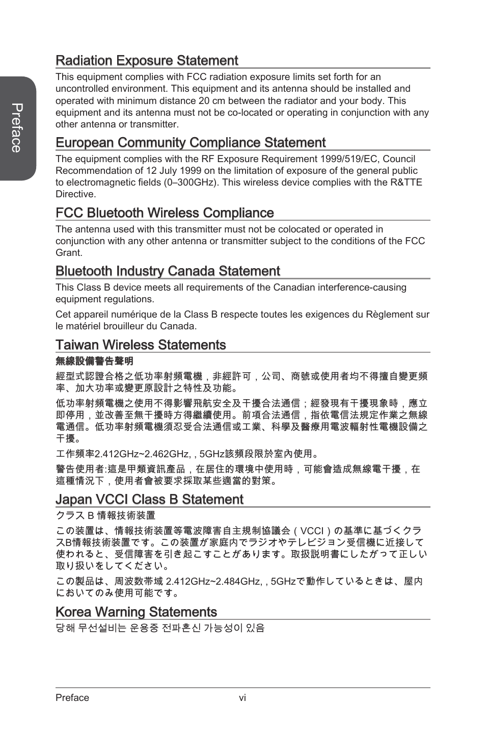 Preface, Radiation exposure statement, European community compliance statement | Fcc bluetooth wireless compliance, Bluetooth industry canada statement, Taiwan wireless statements, Japan vcci class b statement, Korea warning statements | MSI Z97 XPOWER AC User Manual | Page 6 / 118