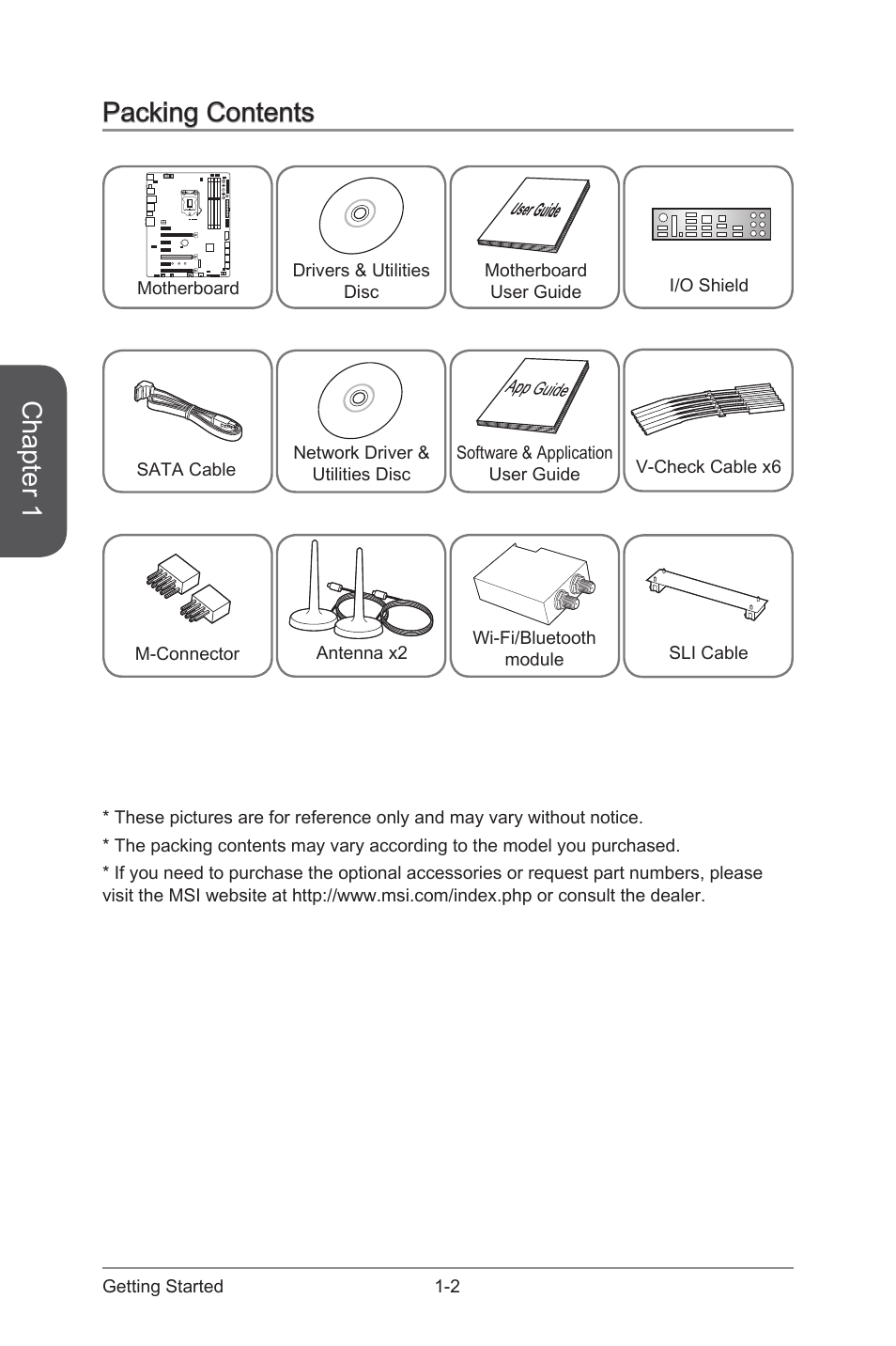 Packing contents -2 optional accessories -2, Chapter 1, Packing contents | MSI Z97 MPOWER MAX AC Manual User Manual | Page 16 / 116