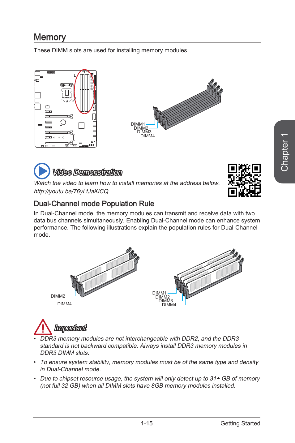 Memory -15, Dual-channel mode population rule -15, Chapter 1 | Video demonstration, Dual-channel mode population rule, Important | MSI Z97 MPOWER MAX AC Manual User Manual | Page 29 / 116