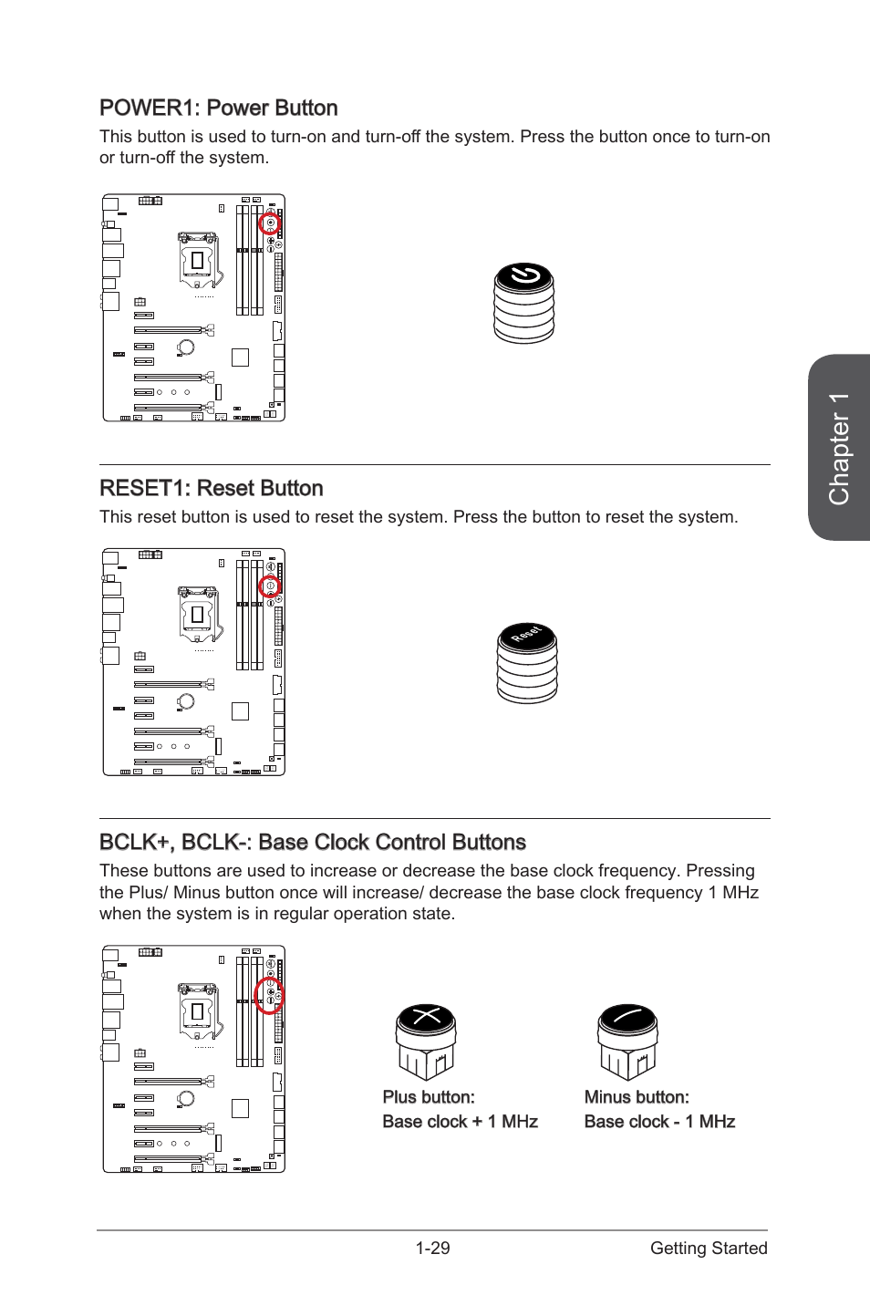 Bclk+, bclk, Base clock control buttons, Power1 | Power button, Reset1, Reset button, Chapter 1, Power1: power button, Reset1: reset button, Bclk+, bclk-: base clock control buttons | MSI Z97 MPOWER MAX AC Manual User Manual | Page 43 / 116
