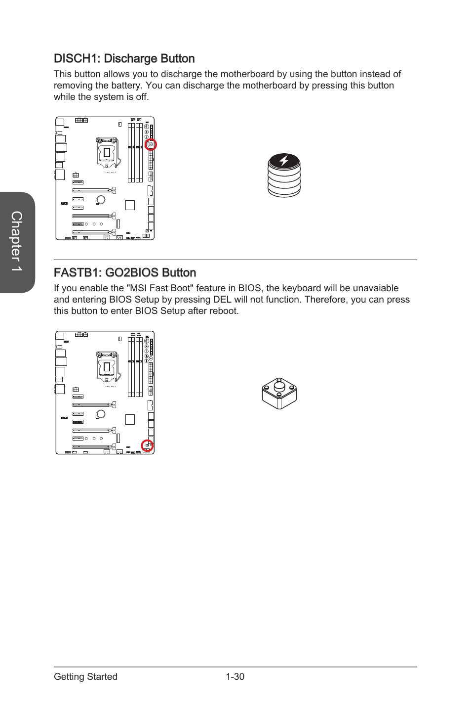 Disch1, Discharge button, Fastb1 | Go2bios button, Chapter 1 | MSI Z97 MPOWER MAX AC Manual User Manual | Page 44 / 116
