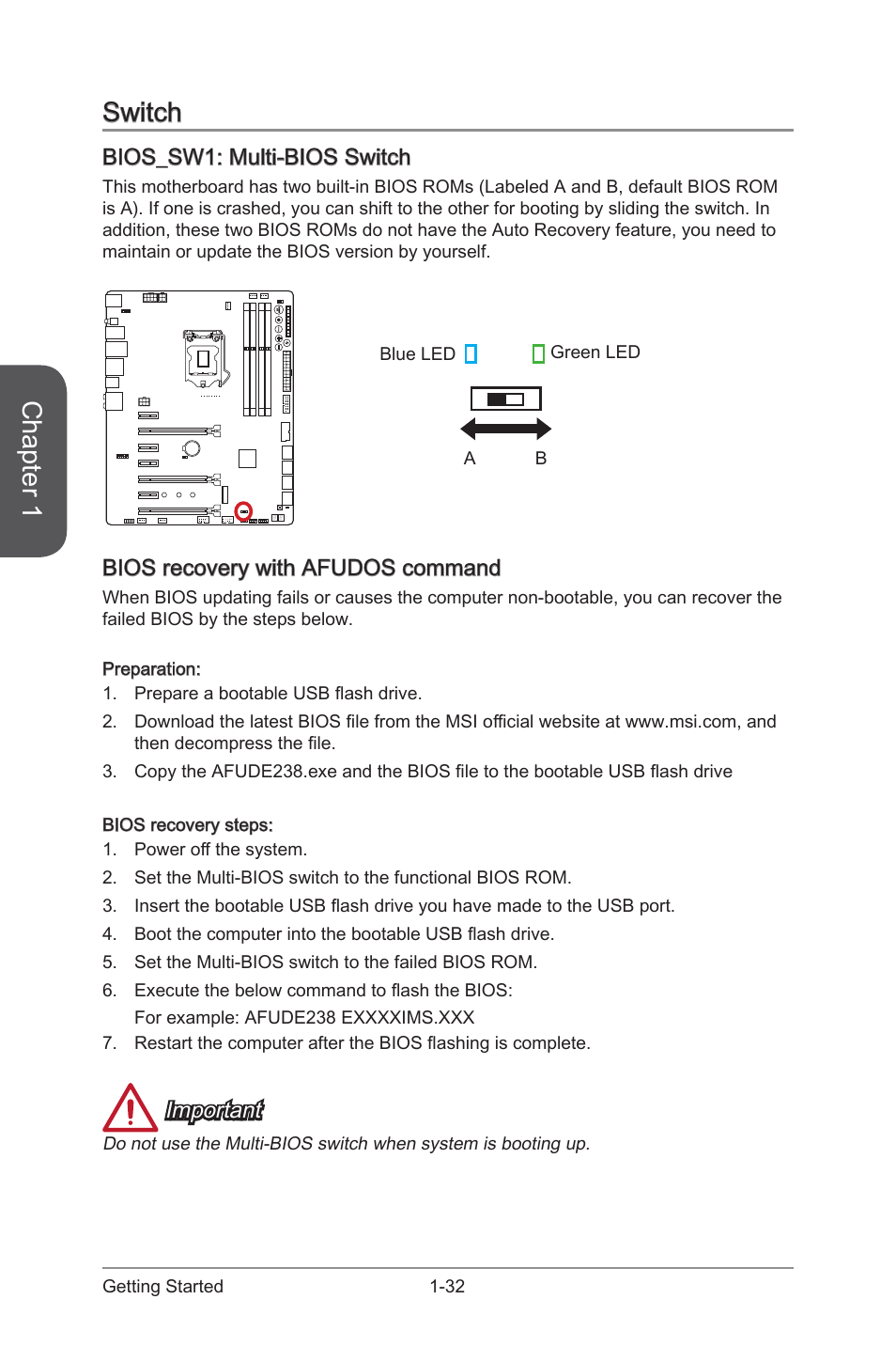 Switch -32, Multi bios switch: multi-bios switch -32, Multi bios switch | Multi-bios switch, Chapter 1, Switch, Bios_sw1: multi-bios switch, Bios recovery with afudos command, Important | MSI Z97 MPOWER MAX AC Manual User Manual | Page 46 / 116