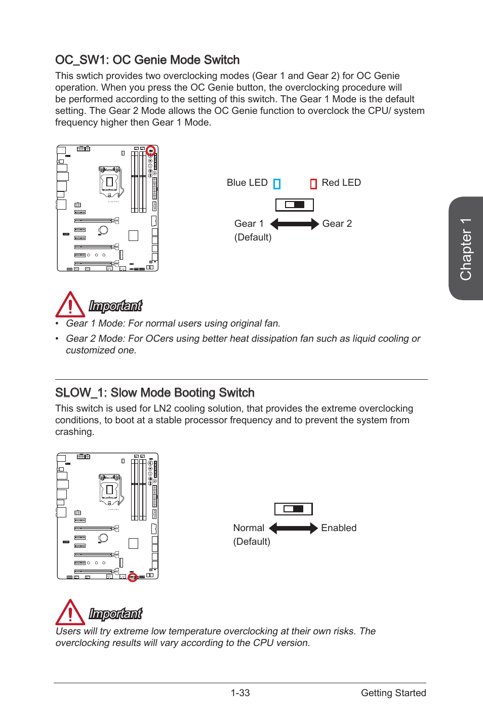 Oc_switch1, Oc genie mode switch, Slow_1 | Slow mode booting switch, Chapter 1, Oc_sw1: oc genie mode switch, Important, Slow_1: slow mode booting switch | MSI Z97 MPOWER MAX AC Manual User Manual | Page 47 / 116