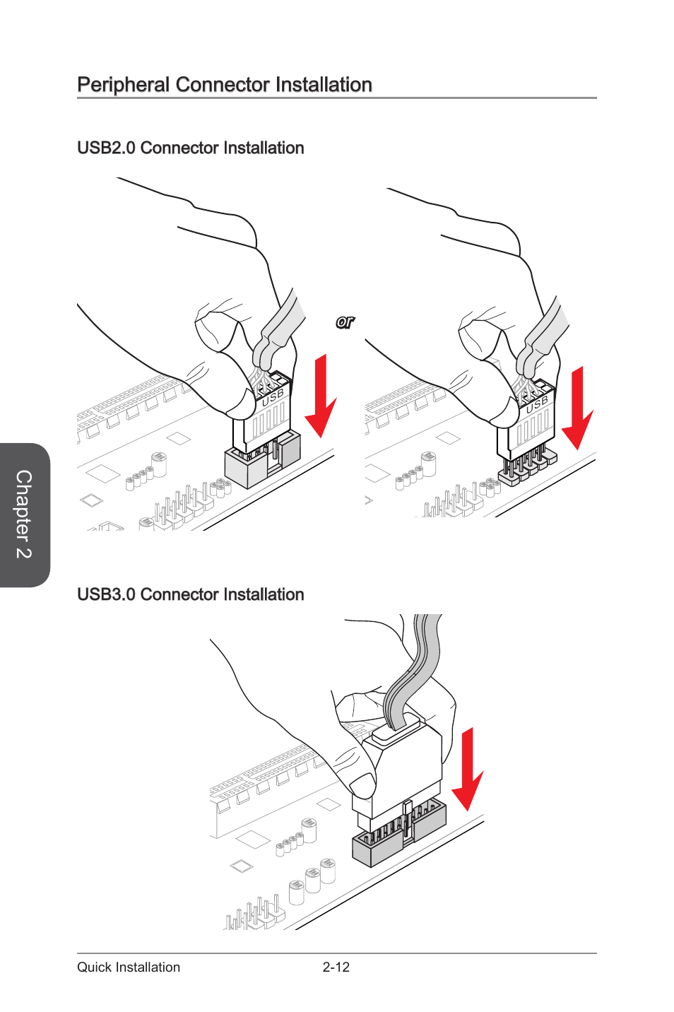 Peripheral connector installation -12, Usb2.0 connector installation -12, Usb3.0 connector installation -12 | Chapter 2, Peripheral connector installation, 12 quick installation | MSI Z97 MPOWER MAX AC Manual User Manual | Page 62 / 116