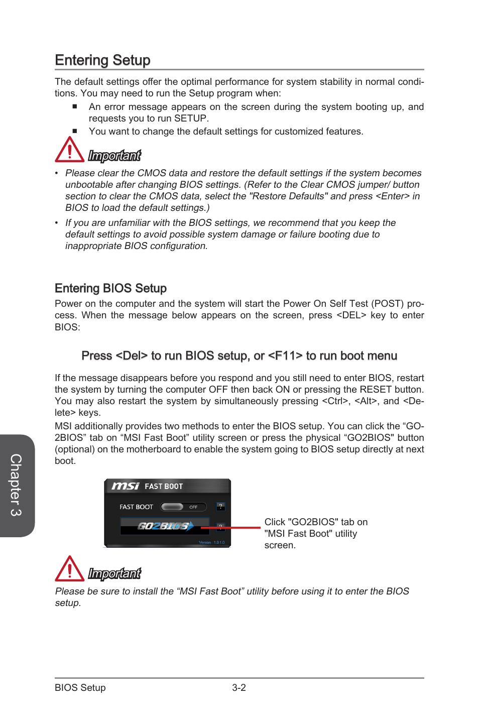 Entering setup -2, Entering bios setup -2, Chapter 3 | Entering setup, Important, Entering bios setup | MSI Z97 MPOWER MAX AC Manual User Manual | Page 66 / 116
