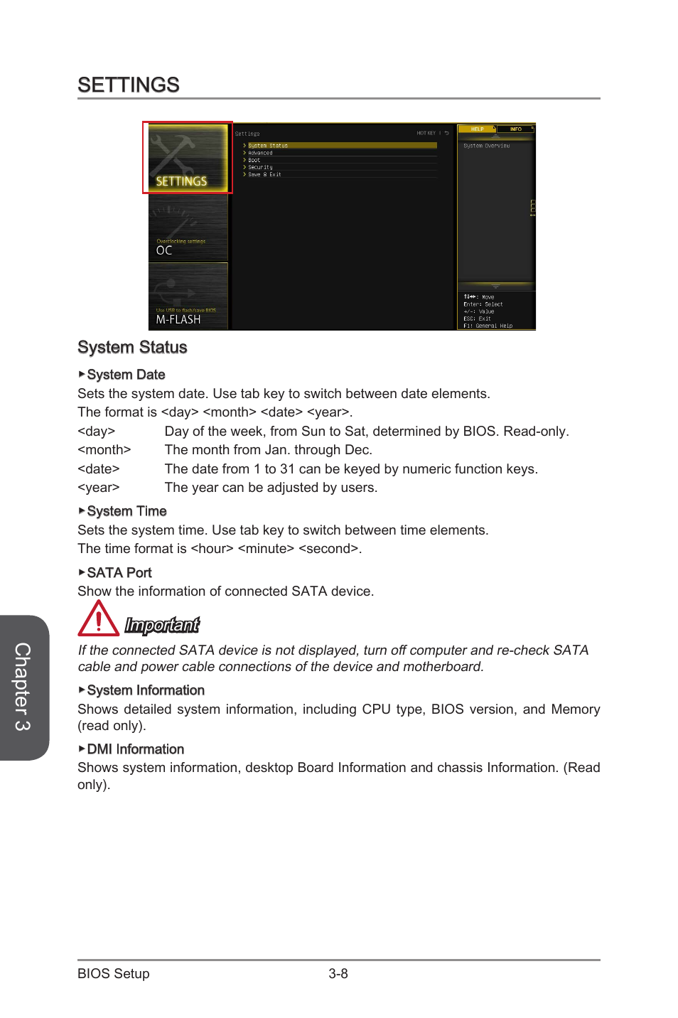 Settings -8, System status -8, Chapter 3 | Settings, System status, Important | MSI Z97 MPOWER MAX AC Manual User Manual | Page 72 / 116