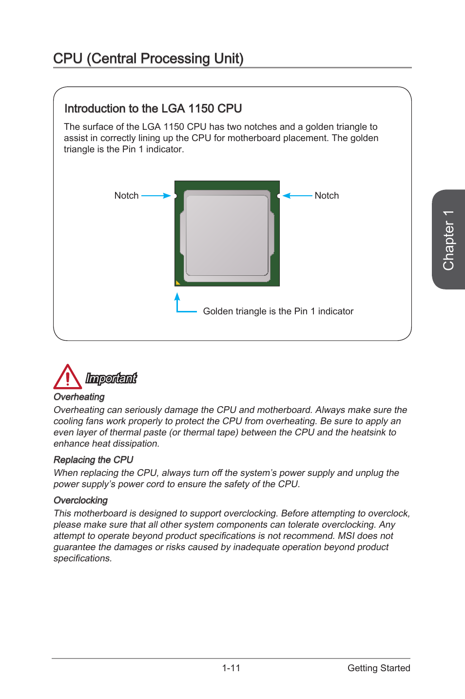 Cpu (central processing unit) -11, Introduction to the lga 1150 cpu -11, Chapter 1 | Cpu (central processing unit), Important, Introduction to the lga 1150 cpu | MSI Z97 MPOWER Manual User Manual | Page 25 / 116
