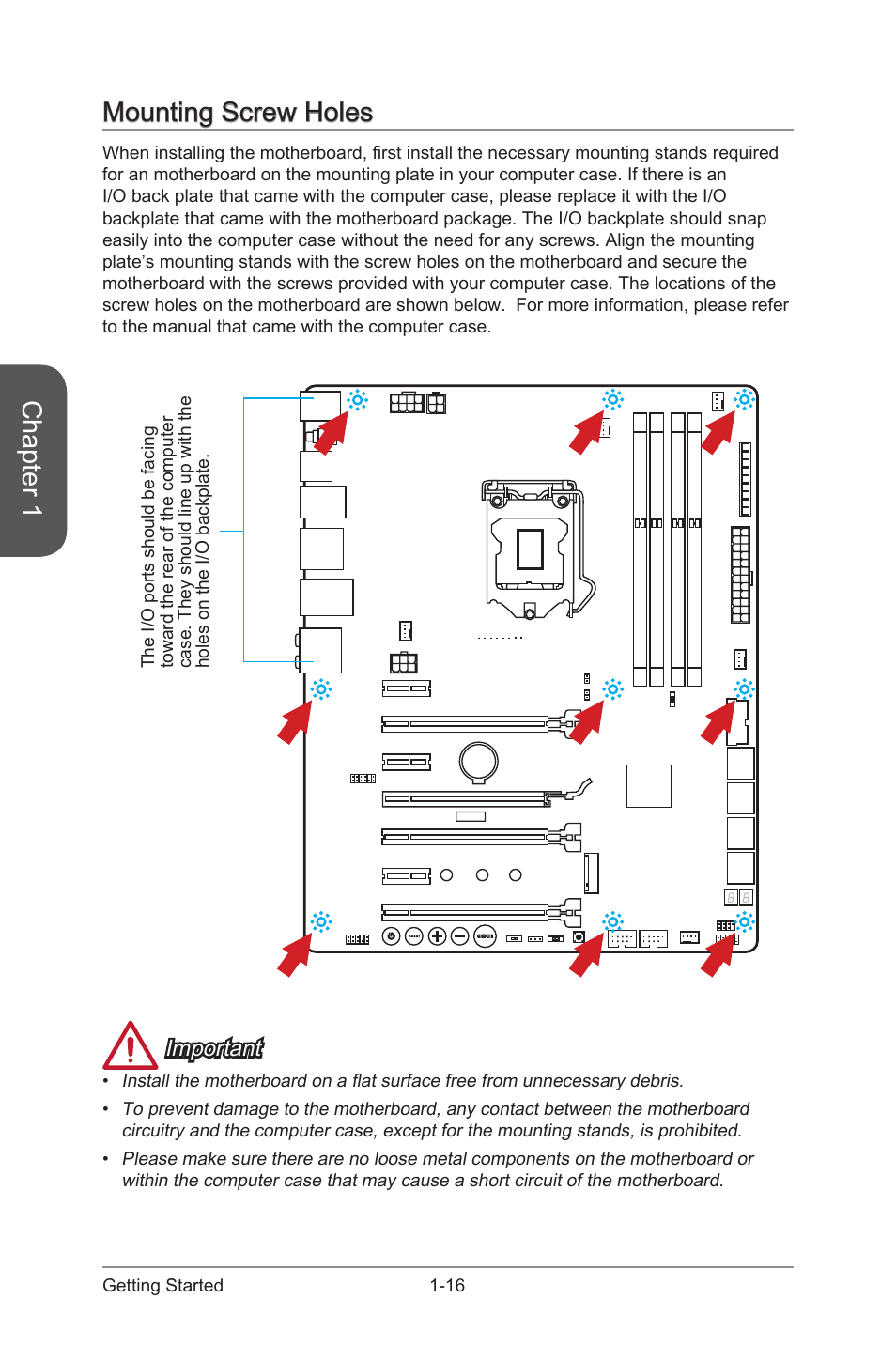 Mounting screw holes -16, Chapter 1, Mounting screw holes | Important | MSI Z97 MPOWER Manual User Manual | Page 30 / 116