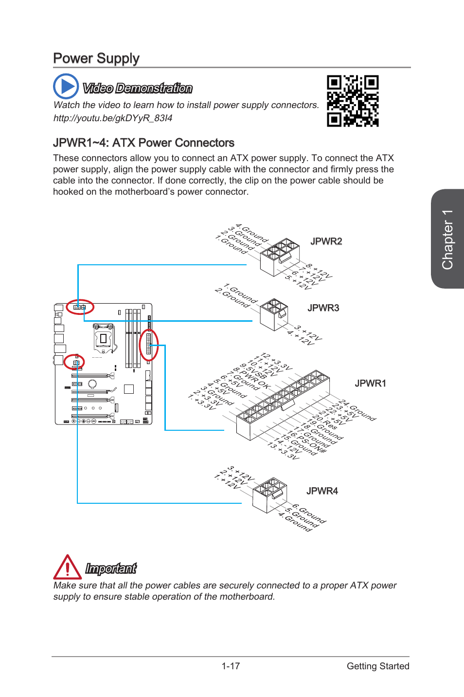 Power supply -17, Jpwr1~4: atx power connectors -17, Jpwr1~4 | Atx power connectors, Chapter 1, Power supply, Video demonstration, Jpwr1~4: atx power connectors, Important | MSI Z97 MPOWER Manual User Manual | Page 31 / 116