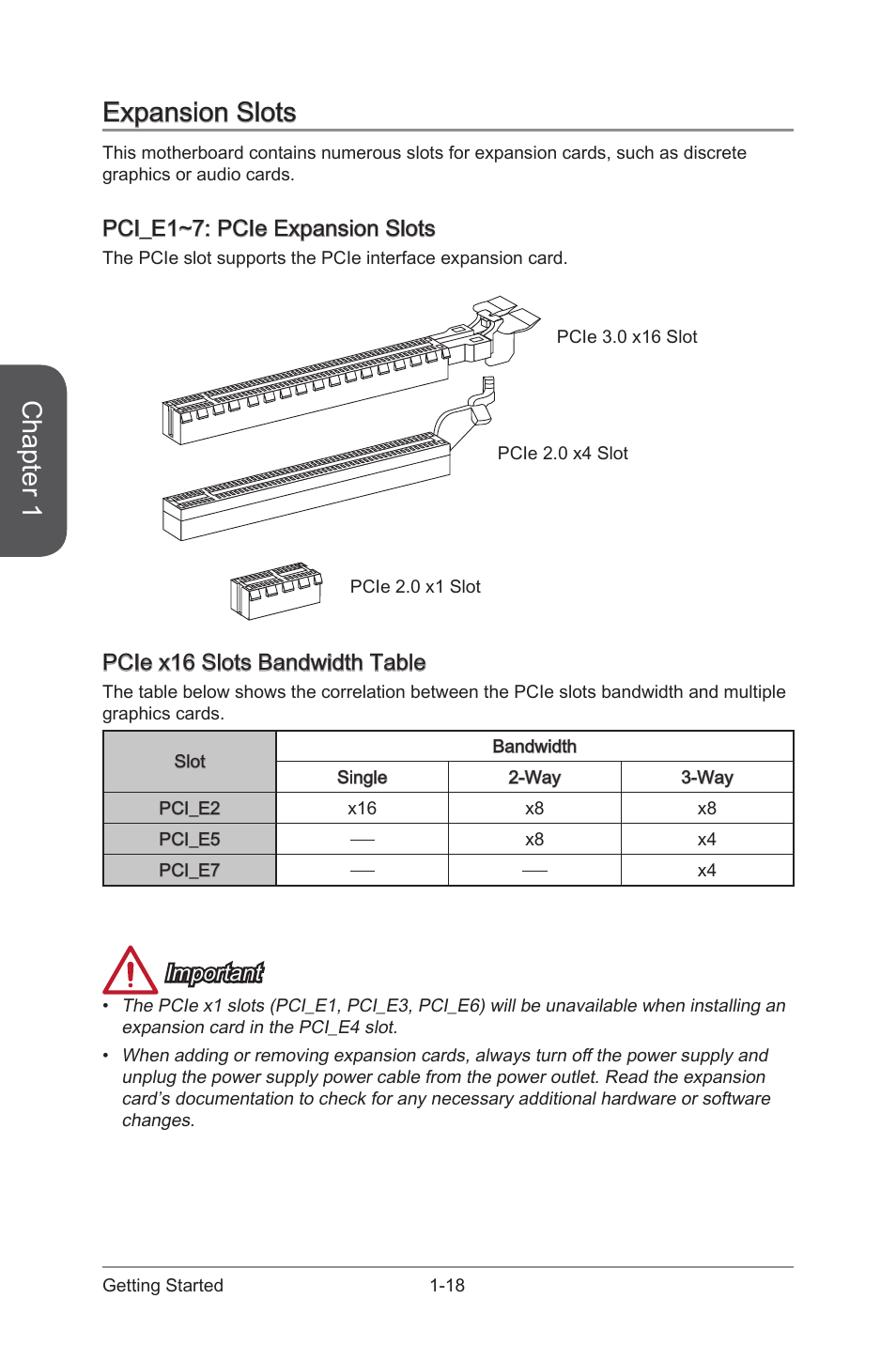Expansion slots -18, Pci_e1~7: pcie expansion slots -18, Pci_e1~7 | Pcie expansion slots, Chapter 1, Expansion slots, Pci_e1~7: pcie expansion slots, Pcie x16 slots bandwidth table, Important | MSI Z97 MPOWER Manual User Manual | Page 32 / 116