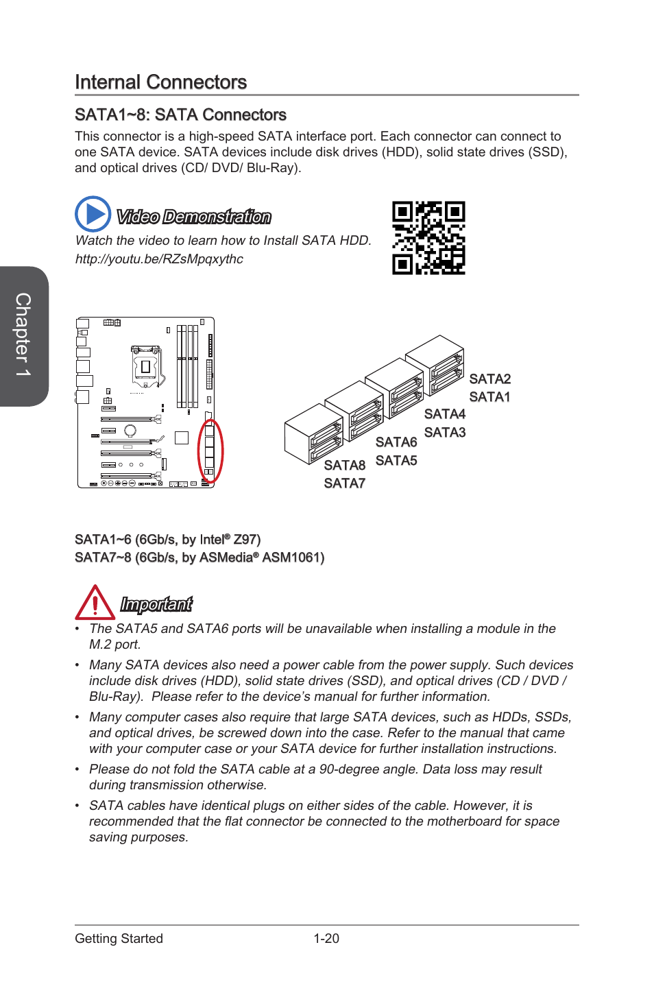 Internal connectors -20, Sata1~8: sata connectors -20, Sata1~8 | Sata connectors, Chapter 1, Internal connectors, Sata1~8: sata connectors, Video demonstration, Important | MSI Z97 MPOWER Manual User Manual | Page 34 / 116