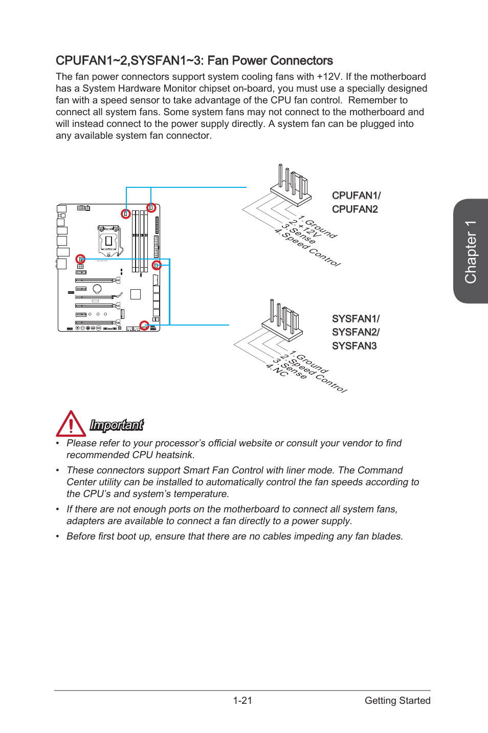 Cpufan1~2,sysfan1~3: fan power connectors -21, Cpufan1~2,sysfan1~3 fan power connectors, Chapter 1 | Cpufan1~2,sysfan1~3: fan power connectors, Important | MSI Z97 MPOWER Manual User Manual | Page 35 / 116