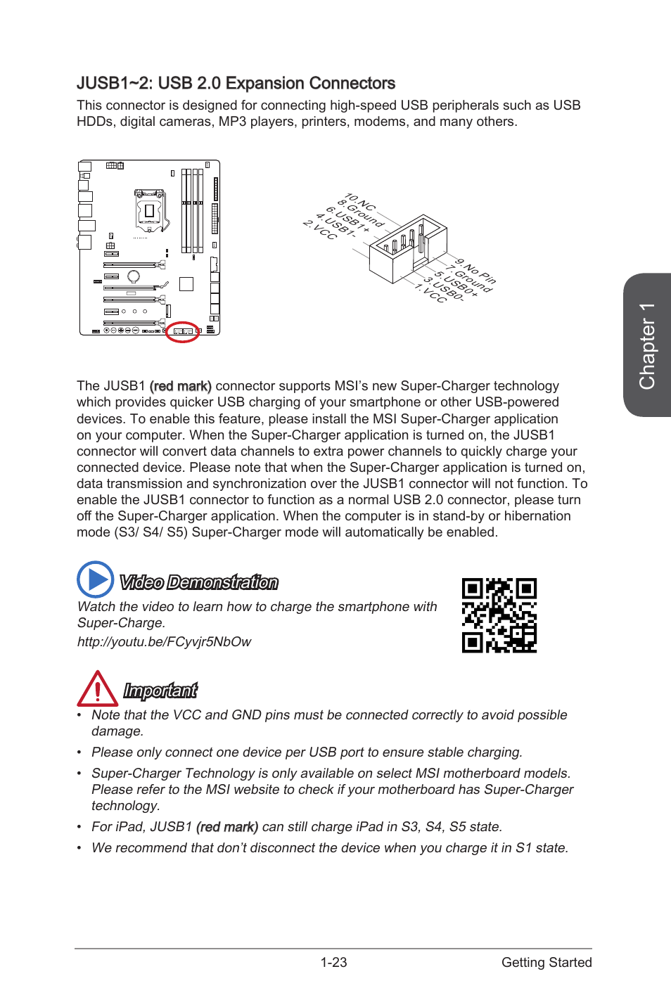 Jusb1~2: usb 2.0 expansion connectors -23, Jusb1~2, Usb 2.0 expansion connectors | Chapter 1, Jusb1~2: usb 2.0 expansion connectors, Video demonstration, Important | MSI Z97 MPOWER Manual User Manual | Page 37 / 116