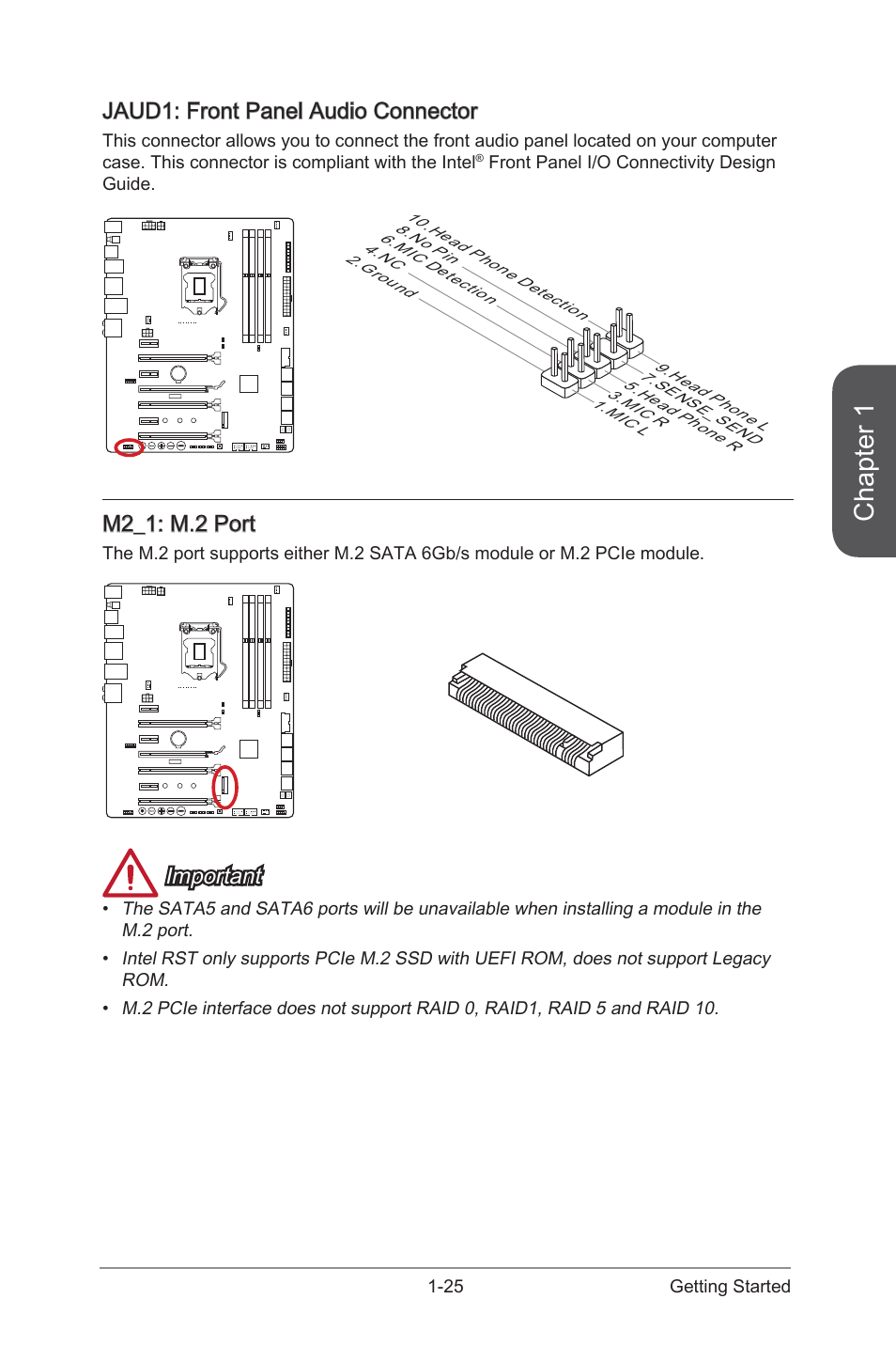 Jaud1, Front panel audio connector, M2_1 | M.2 port, Chapter 1, Jaud1: front panel audio connector, M2_1: m.2 port, Important | MSI Z97 MPOWER Manual User Manual | Page 39 / 116