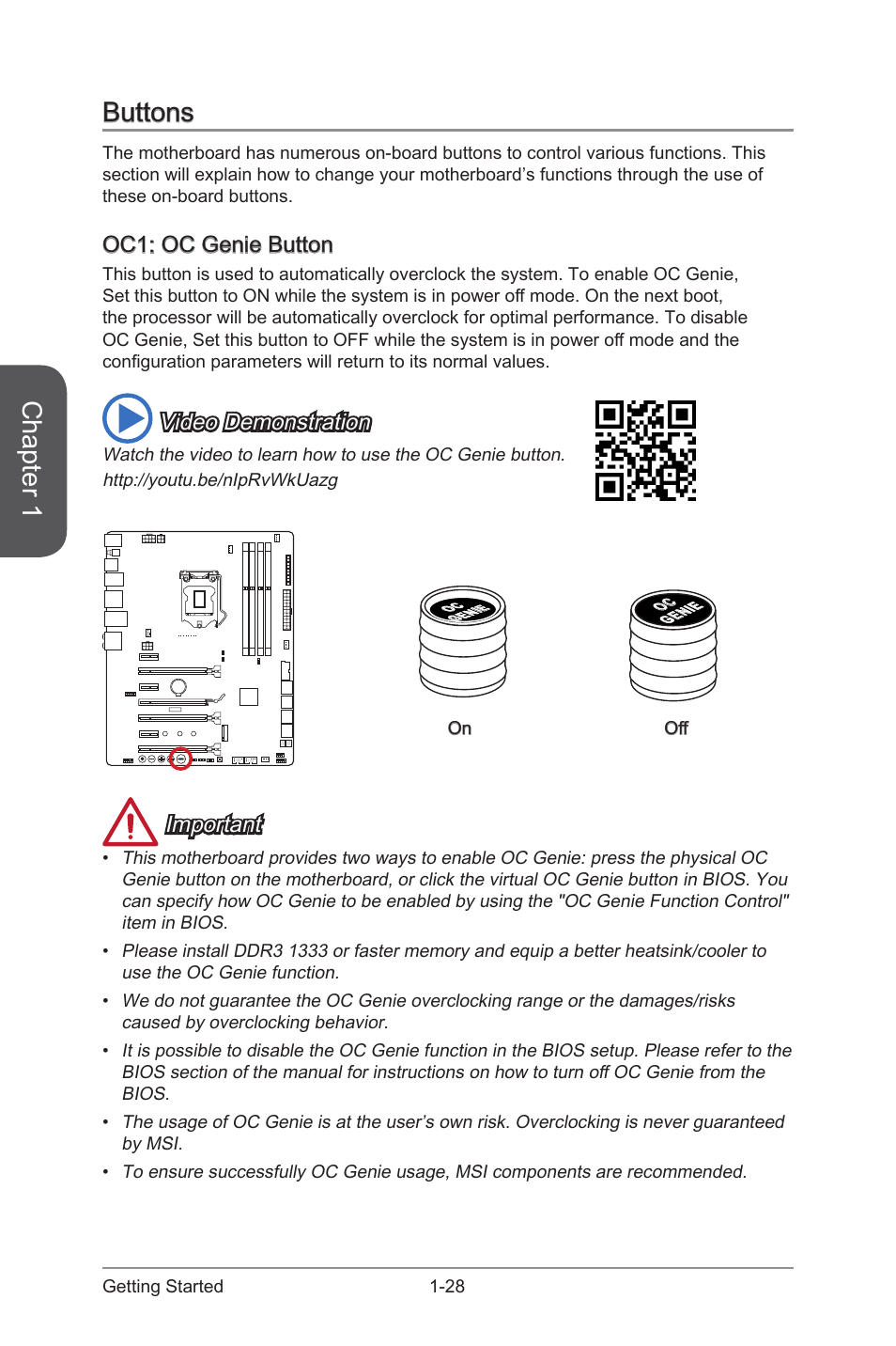 V-check spots -28, Oc genie button, Chapter 1 | Buttons, Oc1: oc genie button, Video demonstration, Important | MSI Z97 MPOWER Manual User Manual | Page 42 / 116