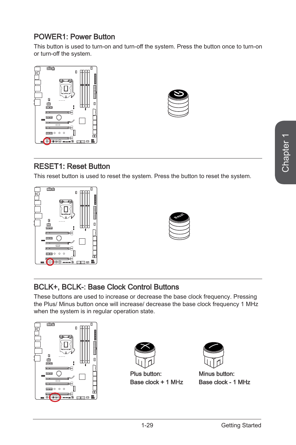 Buttons -29, Oc1: oc genie button -29, Bclk+, bclk | Base clock control buttons, Power1, Power button, Reset1, Reset button, Chapter 1, Power1: power button | MSI Z97 MPOWER Manual User Manual | Page 43 / 116
