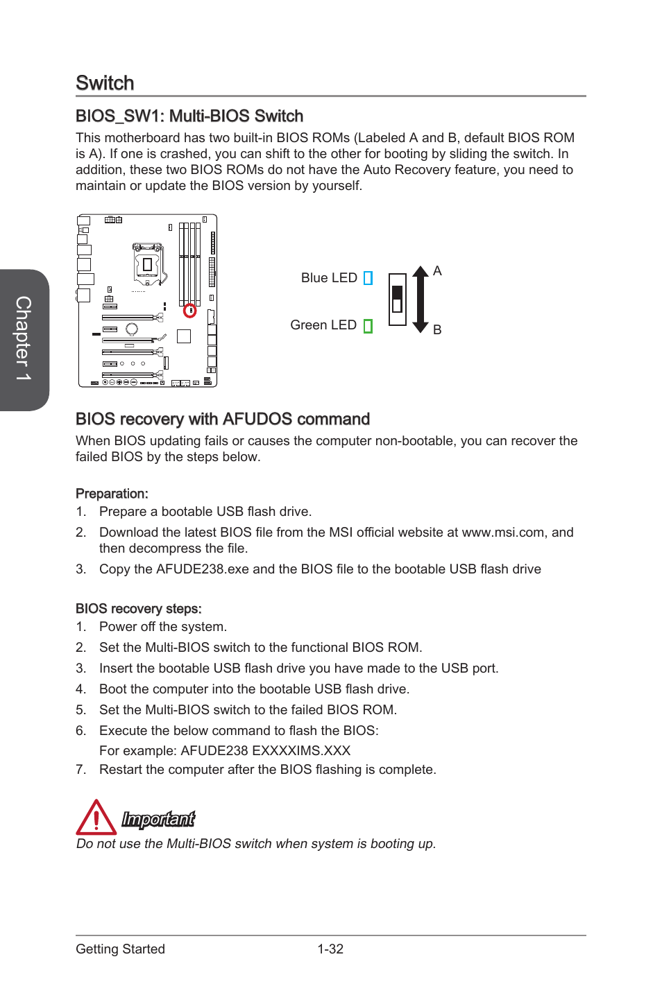 Jumpers -32, Bios_sw1, Multi-bios switch | Chapter 1, Switch, Bios_sw1: multi-bios switch, Bios recovery with afudos command, Important | MSI Z97 MPOWER Manual User Manual | Page 46 / 116
