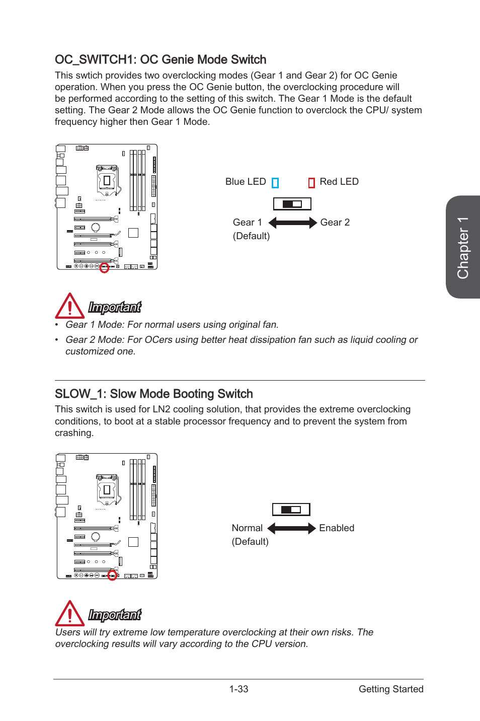 Switch -33, Multi bios switch: multi-bios switch -33, Oc_switch1 | Oc genie mode switch, Slow_1, Slow mode booting switch, Chapter 1, Oc_switch1: oc genie mode switch, Important, Slow_1: slow mode booting switch | MSI Z97 MPOWER Manual User Manual | Page 47 / 116