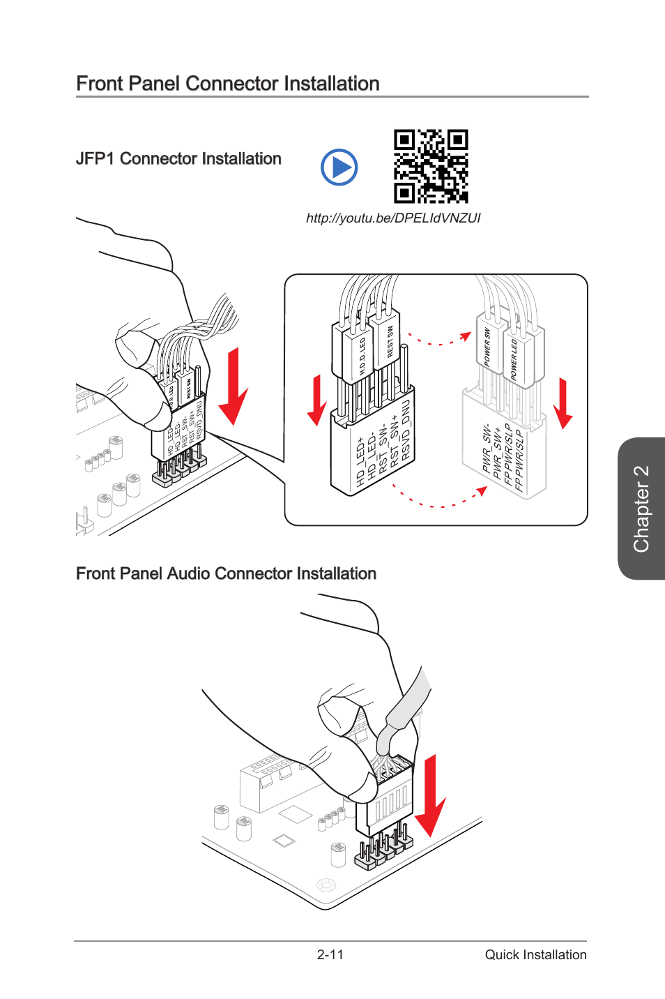 Front panel connector installation -11, Chapter 2, Front panel connector installation | Jfp1 connector installation, Front panel audio connector installation, 11 quick installation | MSI Z97 MPOWER Manual User Manual | Page 61 / 116