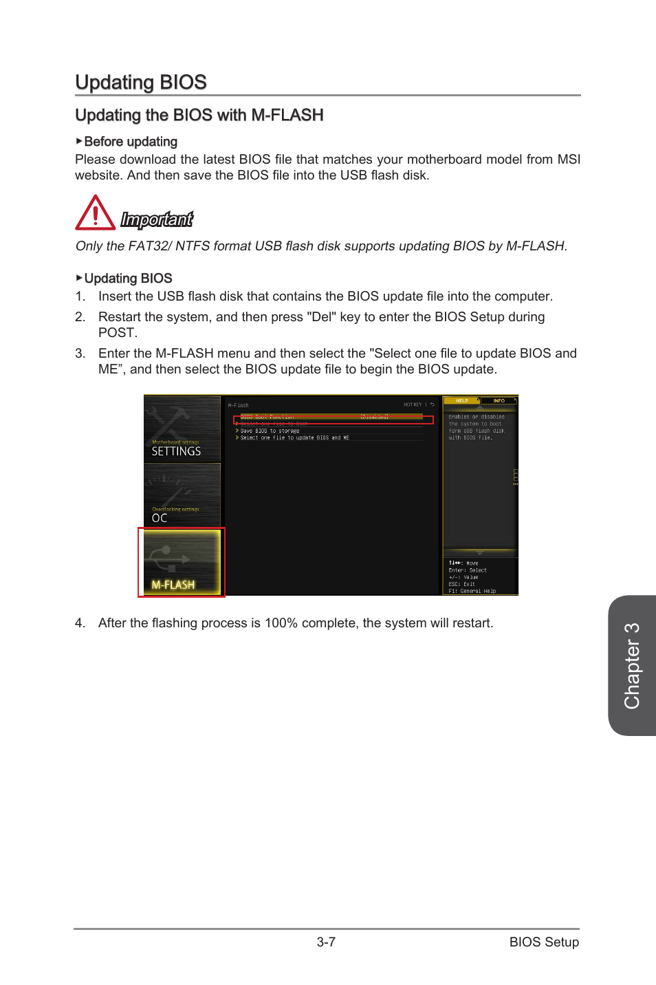 Updating bios -7, Updating the bios with m-flash -7, Chapter 3 | Updating bios, Updating the bios with m-flash, Important | MSI Z97 MPOWER Manual User Manual | Page 71 / 116