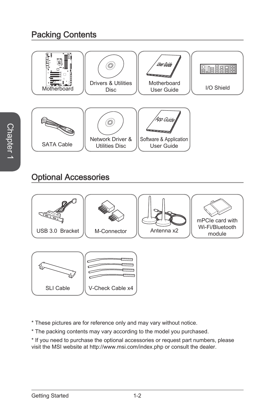 Packing contents -2 optional accessories -2, Chapter 1, Packing contents | Optional accessories | MSI Z87 XPOWER User Manual | Page 16 / 120