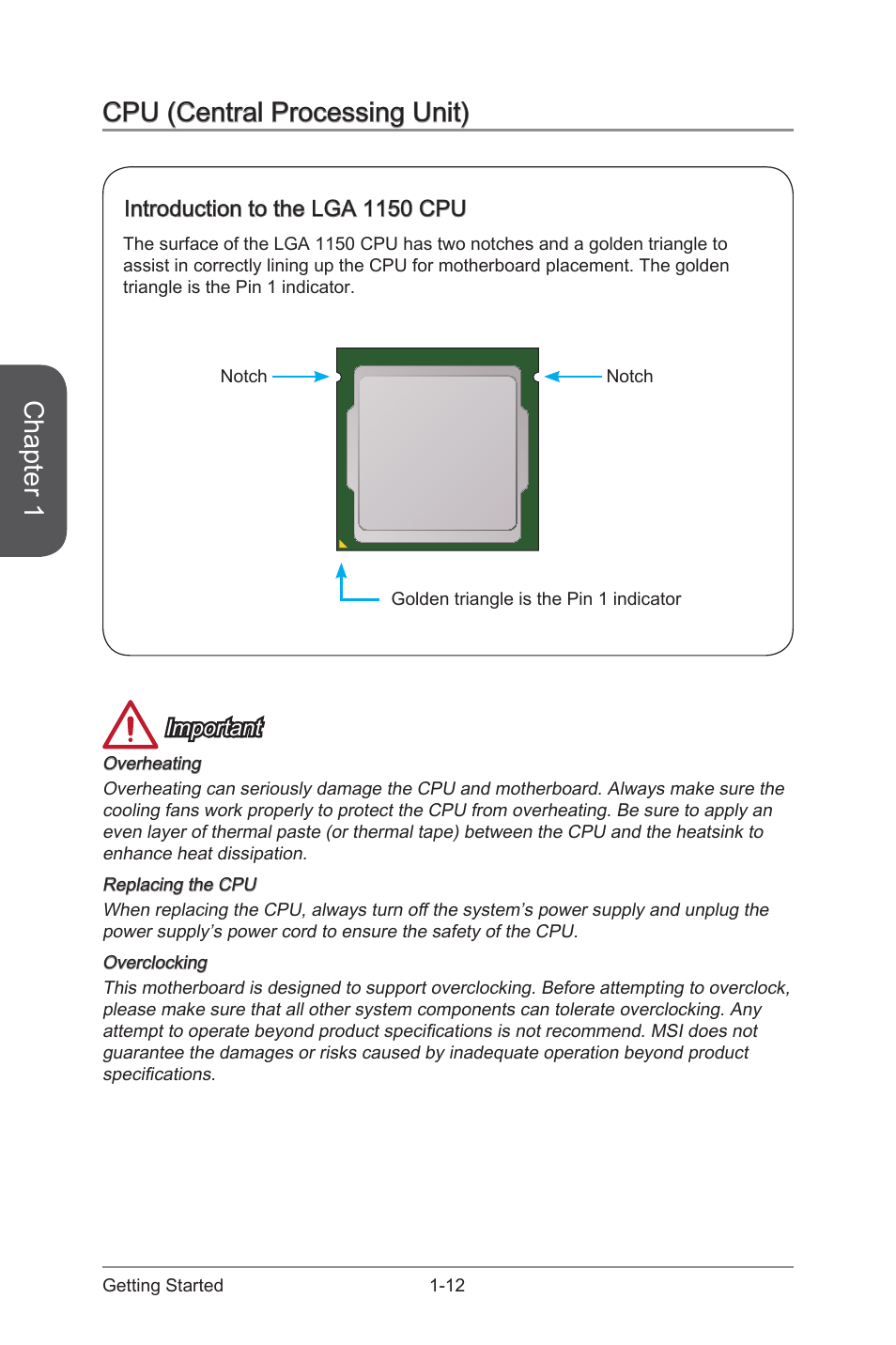 Cpu (central processing unit) -12, Introduction to the lga 1150 cpu -12, Chapter 1 | Cpu (central processing unit), Important, Introduction to the lga 1150 cpu | MSI Z87 XPOWER User Manual | Page 26 / 120