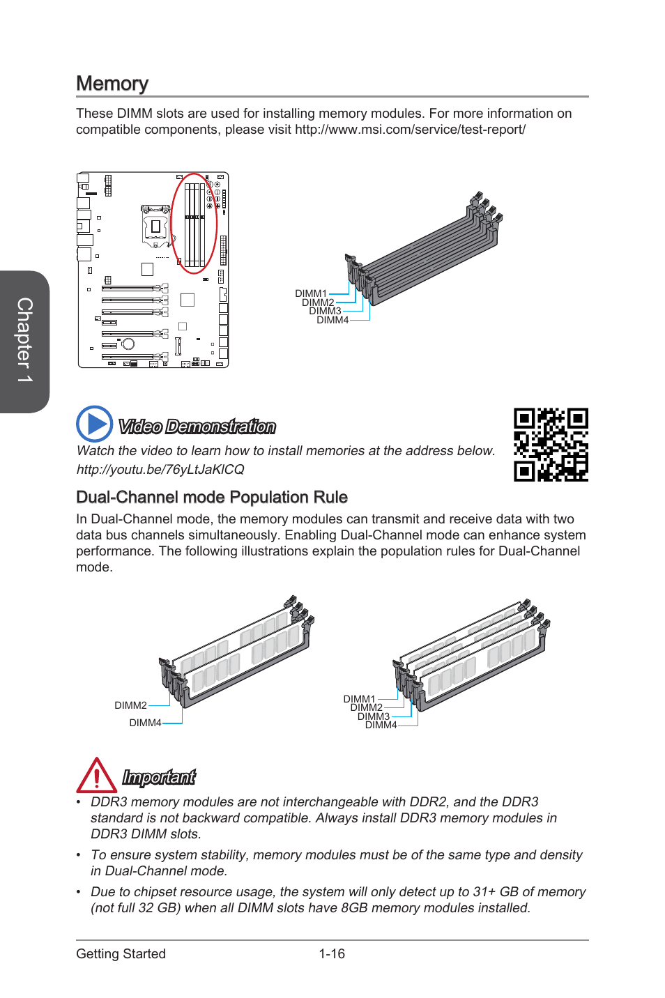 Dual-channel mode population rule, Memory -16, Dual-channel mode population rule -16 | Chapter 1, Video demonstration, Important | MSI Z87 XPOWER User Manual | Page 30 / 120