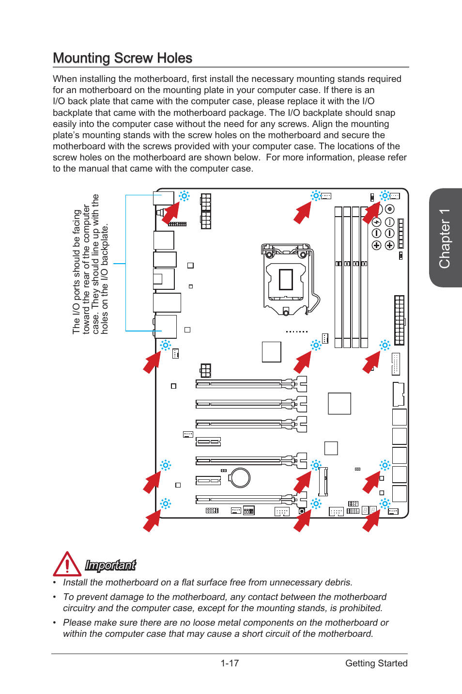 Mounting screw holes -17, Chapter 1, Mounting screw holes | Important | MSI Z87 XPOWER User Manual | Page 31 / 120