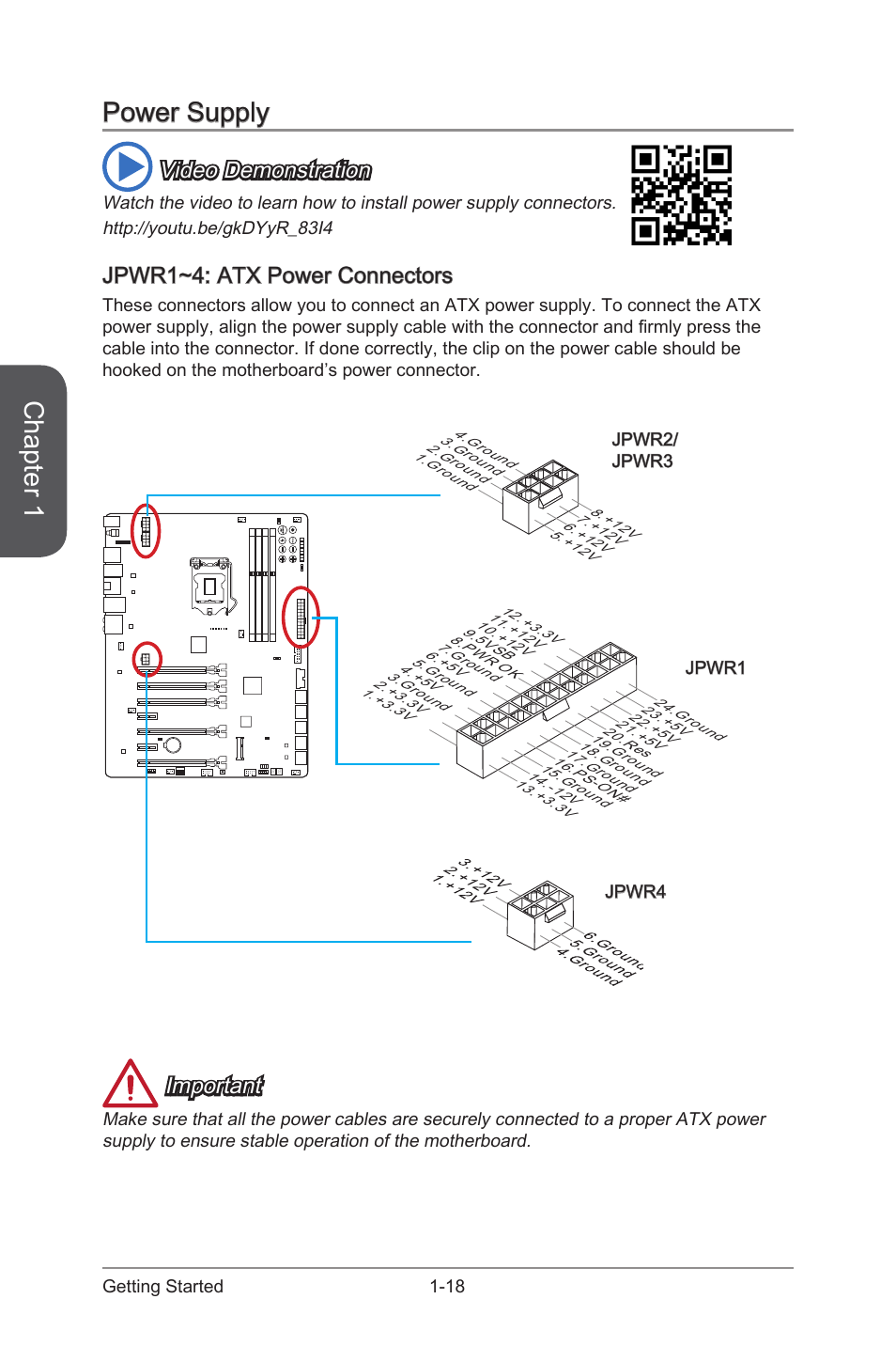 Jpwr1~4: atx power connectors, Power supply -18, Jpwr1~4: atx power connectors -18 | Jpwr1~4, Atx power connectors, Chapter 1, Power supply, Video demonstration, Important | MSI Z87 XPOWER User Manual | Page 32 / 120