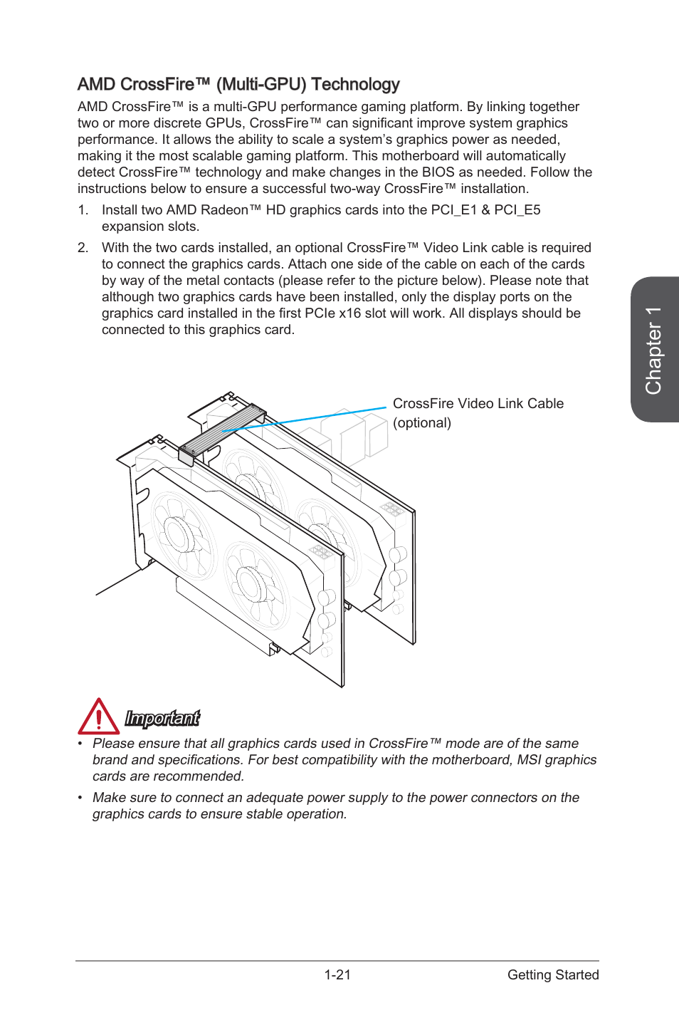 Amd crossfire™ (multi-gpu) technology -21, Chapter 1, Amd crossfire™ (multi-gpu) technology | Important | MSI Z87 XPOWER User Manual | Page 35 / 120