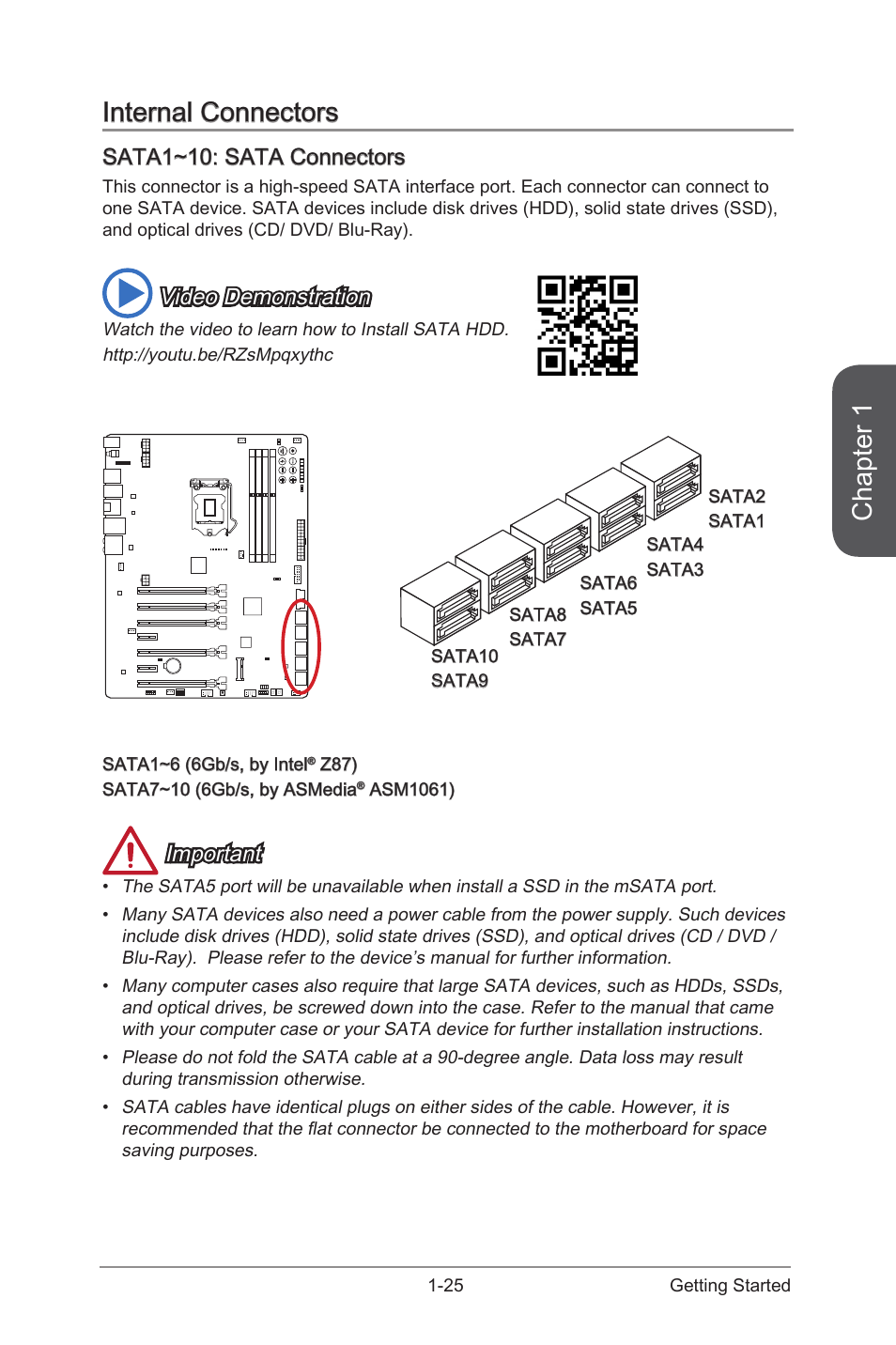 Sata1~10: sata connectors, Internal connectors -25, Sata1~10: sata connectors -25 | Sata1~10, Sata 6gb/s connectors, Chapter 1, Internal connectors, Video demonstration, Important | MSI Z87 XPOWER User Manual | Page 39 / 120