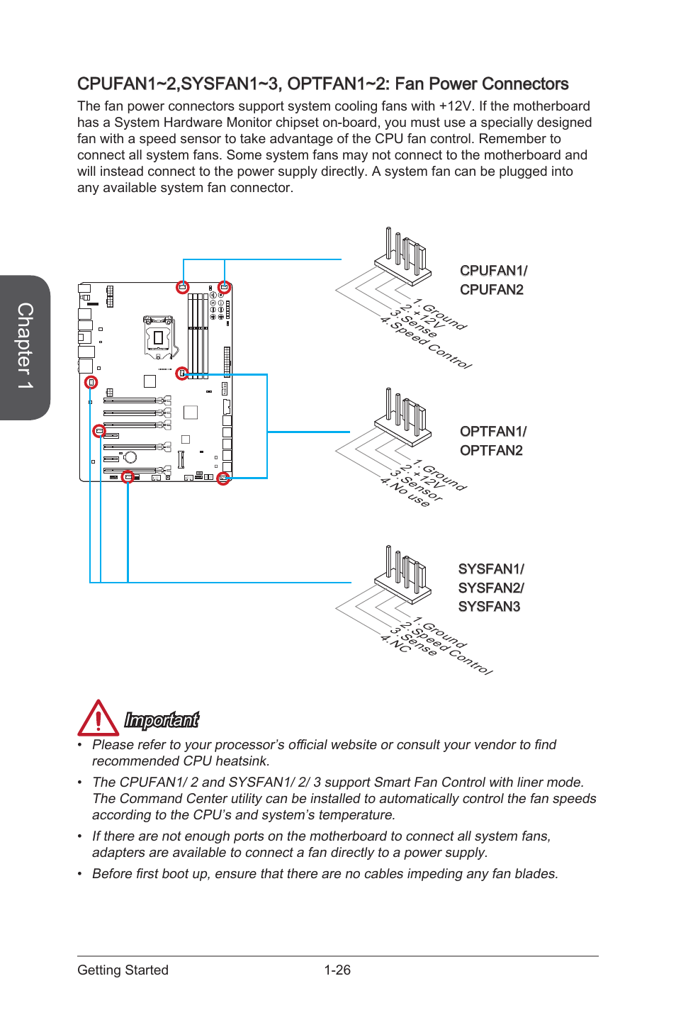 Cpufan1~2,sysfan1~3 fan power connectors, Optfan1~2, Fan power connectors | Chapter 1, Important | MSI Z87 XPOWER User Manual | Page 40 / 120