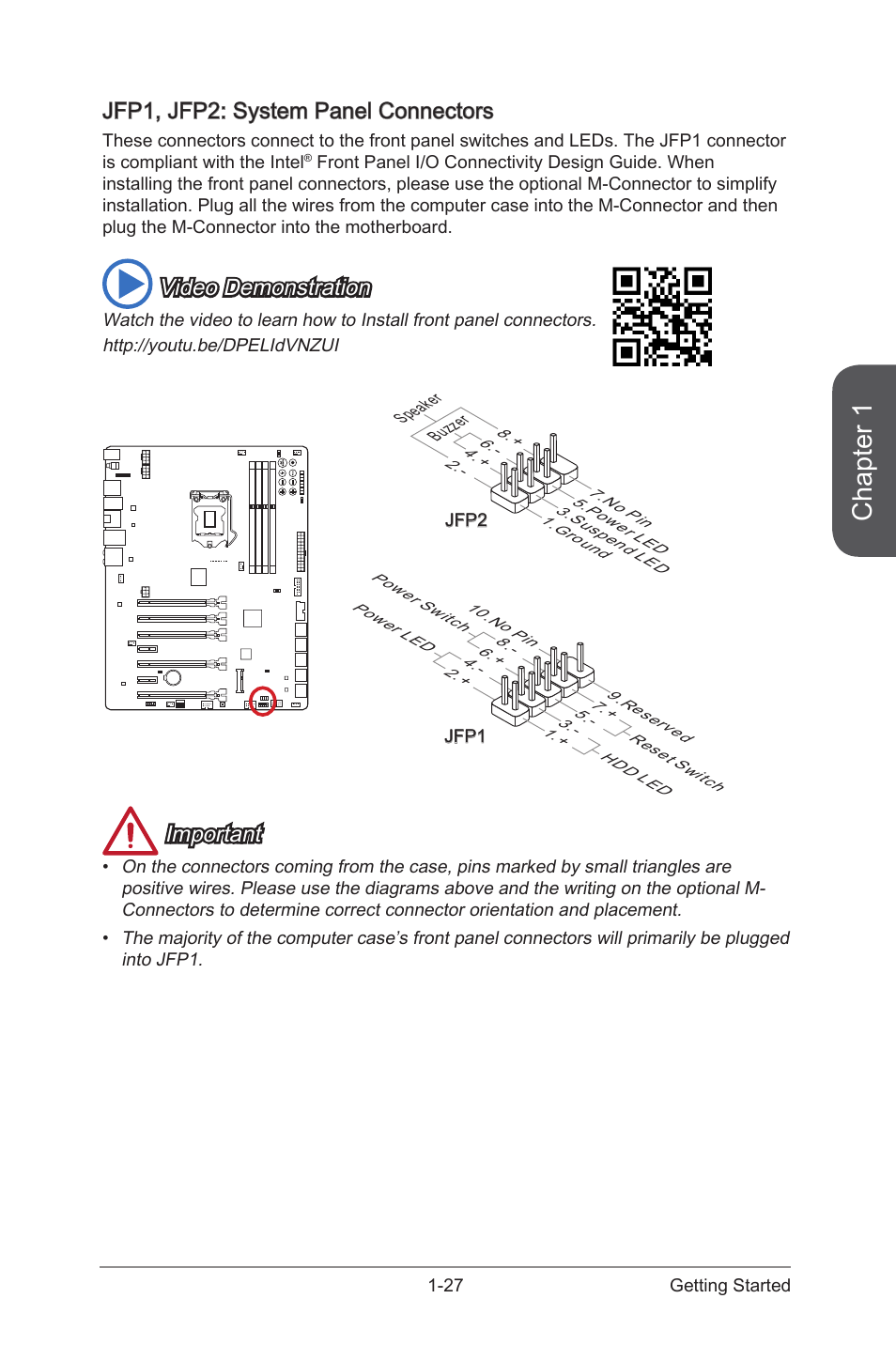 Jfp1, jfp2: system panel connectors, Jfp1, jfp2: system panel connectors -27, Jfp1, jfp2 | System panel connectors, Chapter 1, Video demonstration, Important | MSI Z87 XPOWER User Manual | Page 41 / 120