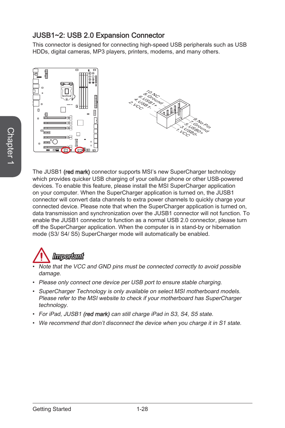 Jusb1~2: usb 2.0 expansion connector, Jusb1~2: usb 2.0 expansion connector -28, Jusb1~2 | Usb 2.0 expansion connectors, Chapter 1, Important | MSI Z87 XPOWER User Manual | Page 42 / 120