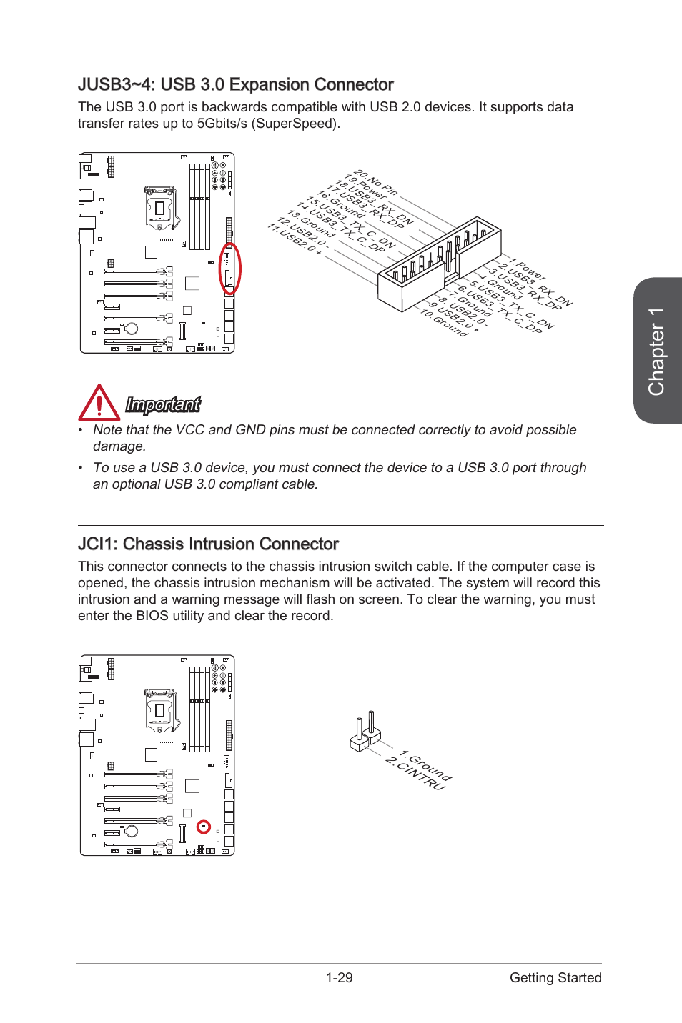 Jci1: chassis intrusion connector, Jusb3~4: usb 3.0 expansion connectors, Jci1 | Chassis intrusion connector, Jusb3~4, Usb 3.0 expansion connectors, Chapter 1, Jusb3~4: usb 3.0 expansion connector, Important, 29 getting started | MSI Z87 XPOWER User Manual | Page 43 / 120