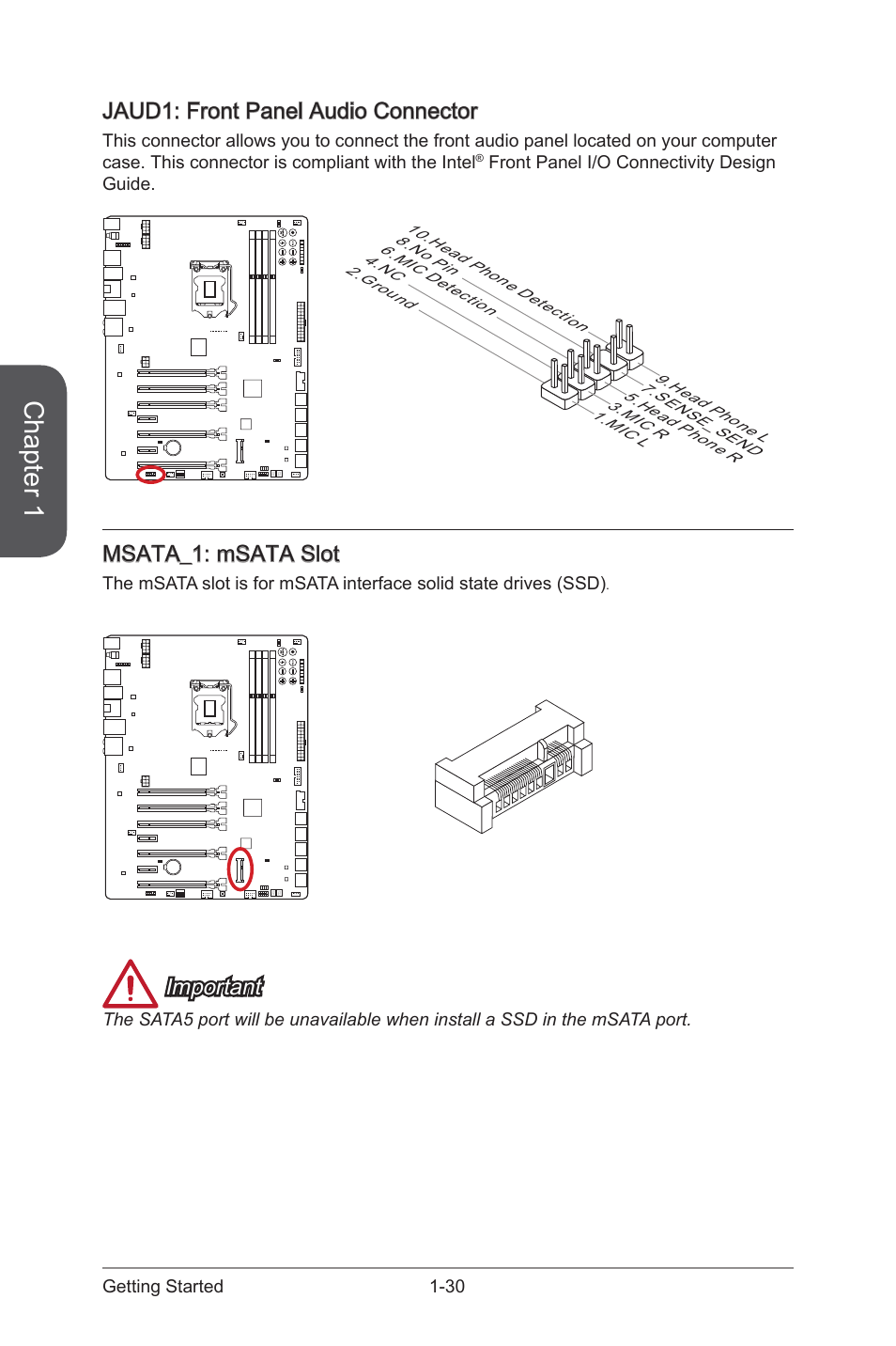 Jaud1: front panel audio connector, Mini_pcie1: msata slot, Jaud1 | Front panel audio connector, Msata_1, Msata slot, Chapter 1, Msata_1: msata slot, Important | MSI Z87 XPOWER User Manual | Page 44 / 120