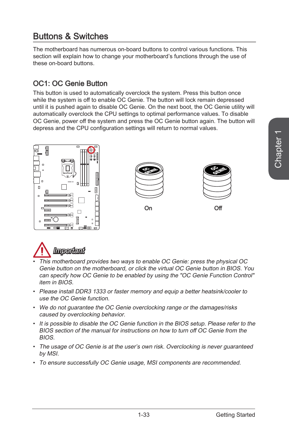 Oc1: oc genie button, Buttons & switches -33, Oc1: oc genie button -33 | Oc genie button, Chapter 1, Buttons & switches, Important | MSI Z87 XPOWER User Manual | Page 47 / 120