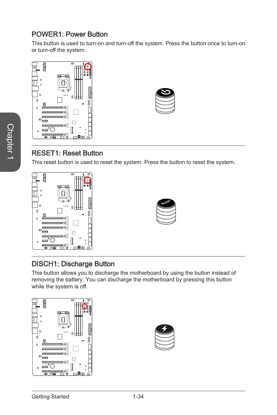 Disch1: discharge button, Power1: power button, Reset1: reset button | Disch1, Discharge button, Power1, Power button, Reset1, Reset button, Chapter 1 | MSI Z87 XPOWER User Manual | Page 48 / 120