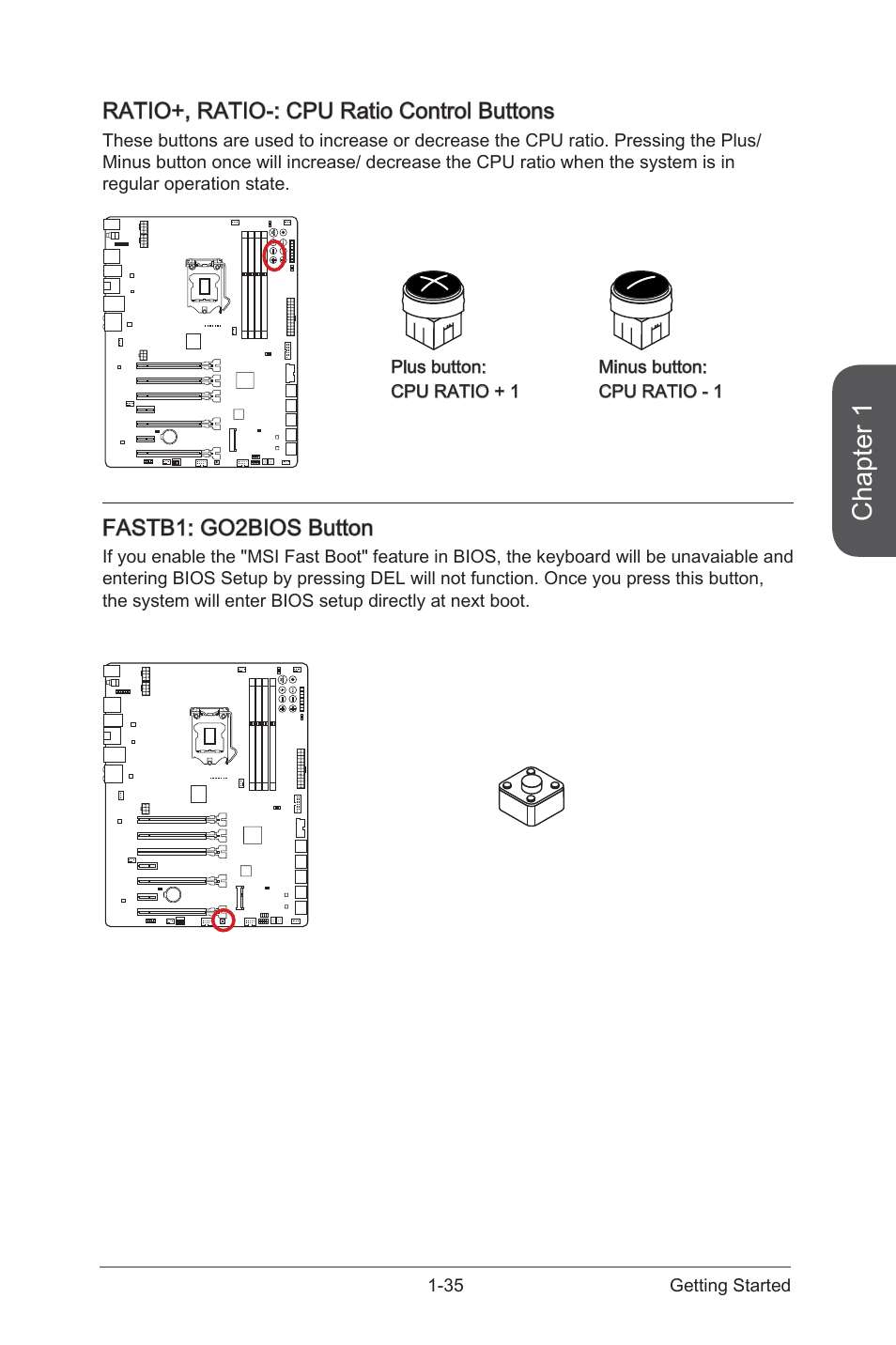 Fastb1: go2bios button, Ratio+, ratio-: cpu ratio control buttons, Fastb1 | Go2bios button, Ratio+, ratio, Cpu ratio control buttons, Chapter 1 | MSI Z87 XPOWER User Manual | Page 49 / 120