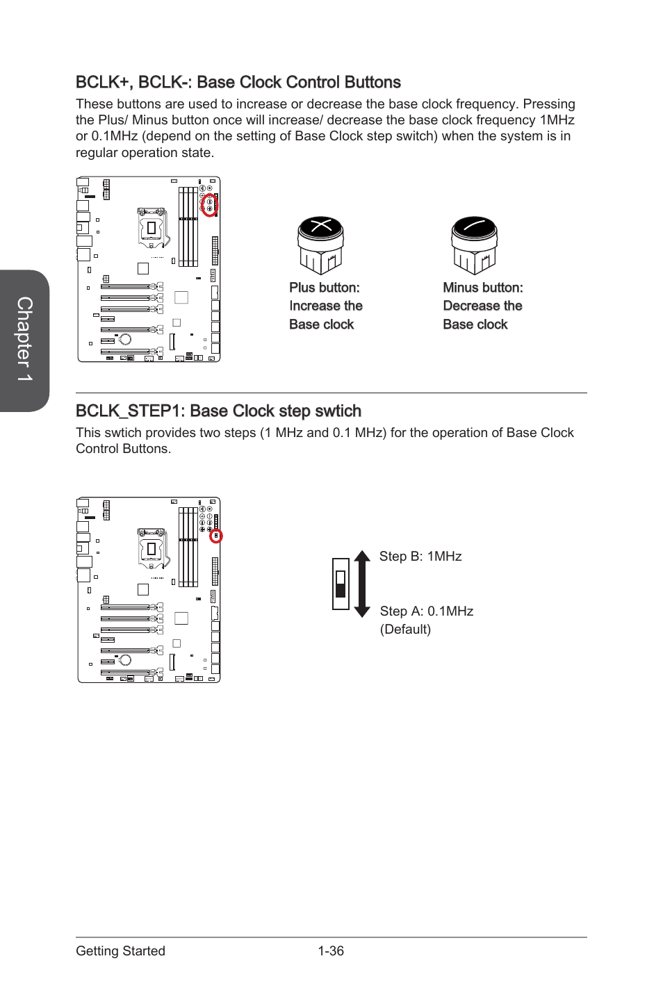 Bclk+, bclk-: base clock control buttons, Bclk_step1: base clock step swtich, Bclk+, bclk | Base clock control buttons, Bclk_step1, Base clock step swtich, Chapter 1 | MSI Z87 XPOWER User Manual | Page 50 / 120