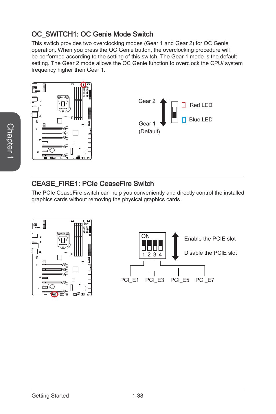 Cease_fire1: pcie ceasefire switch, Oc_switch1: oc genie mode switch, Cease_fire1 | Pcie ceasefire switch, Oc_switch1, Oc genie mode switch, Chapter 1 | MSI Z87 XPOWER User Manual | Page 52 / 120