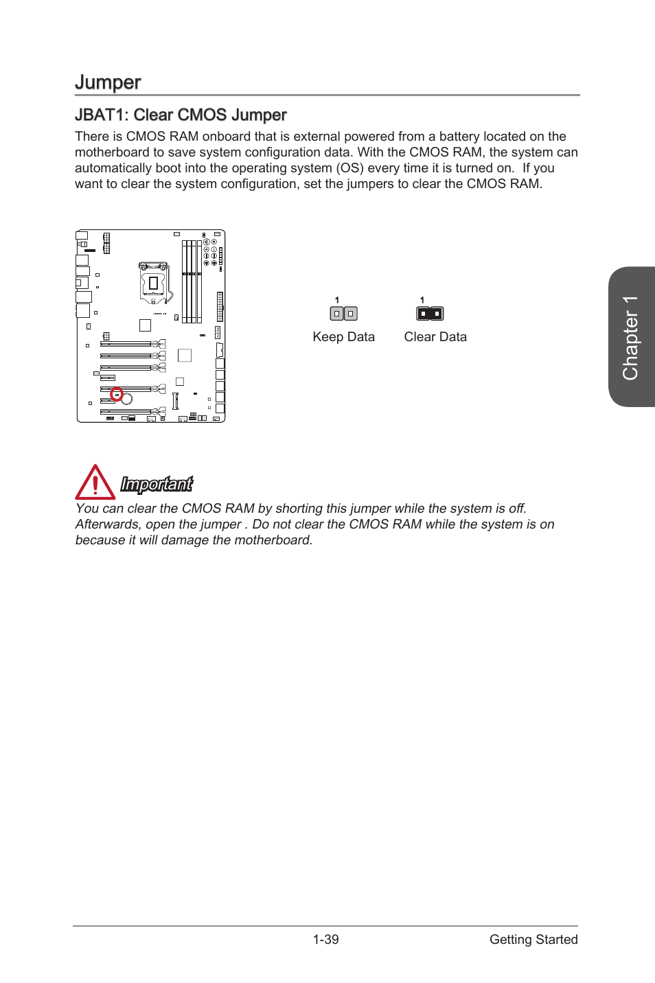 Jbat1: clear cmos jumper, Jumper -39, Jbat1: clear cmos jumper -39 | Jbat1, Clear cmos jumper, Chapter 1, Jumper, Important | MSI Z87 XPOWER User Manual | Page 53 / 120